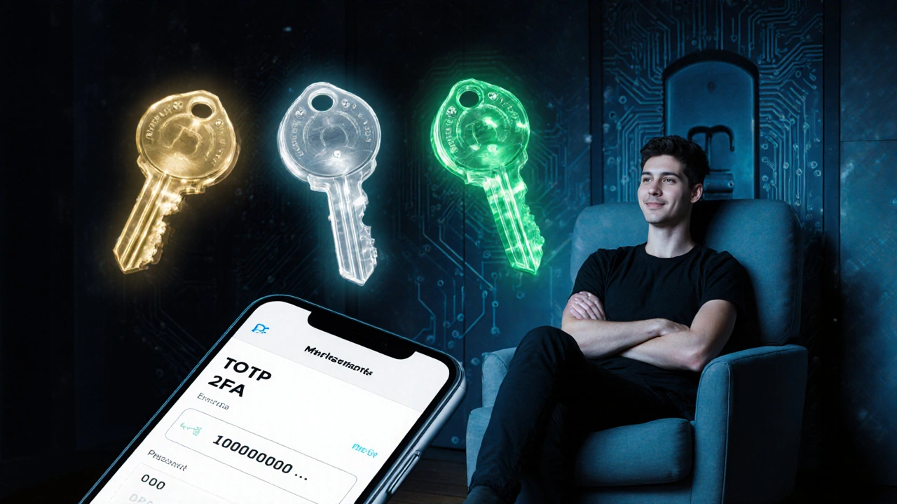 Drei schwebende Schlüssel, Smartphone‑2FA und entspannte Person im gesicherten Hintergrund.