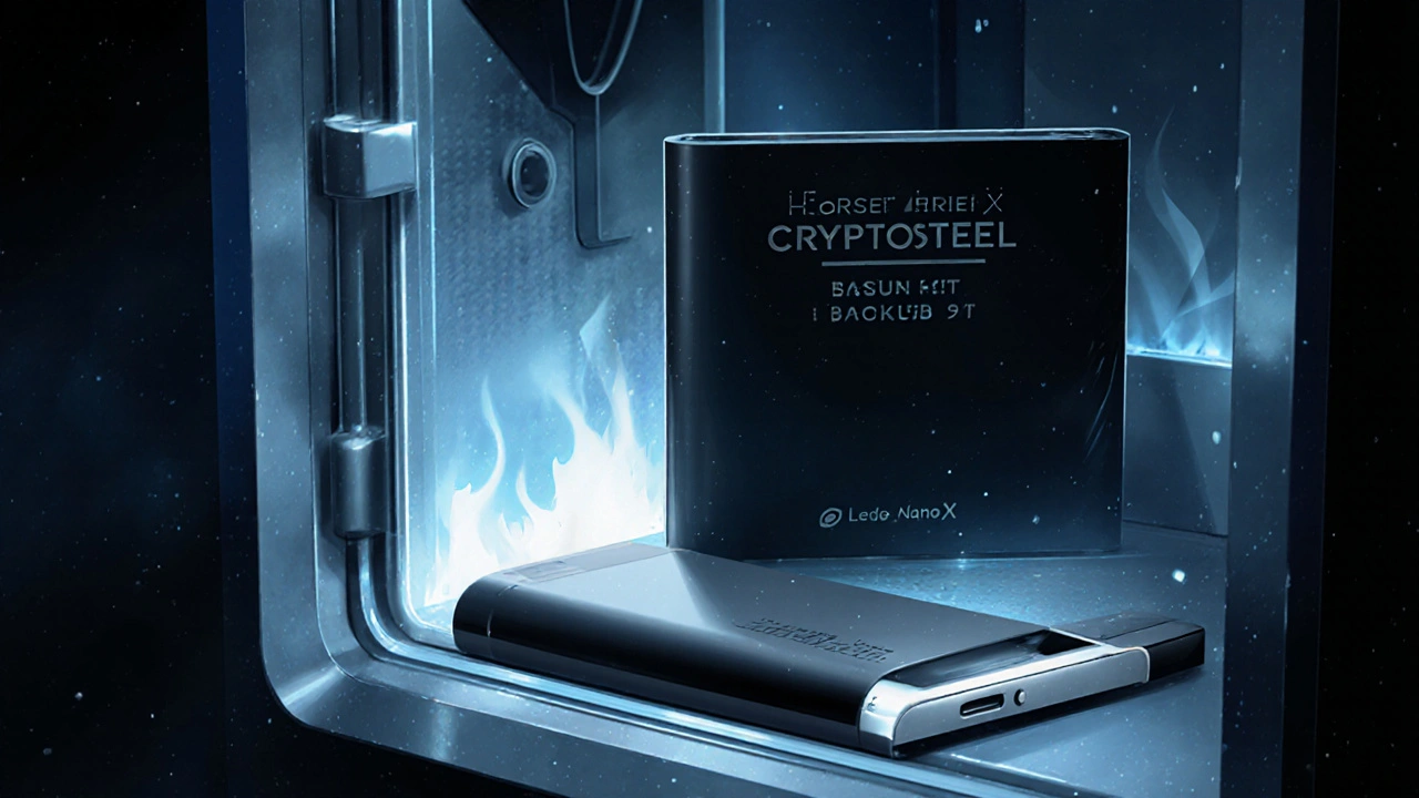 Hardware‑Wallet und Metall‑Backup‑Kit liegen im offenen Safe.