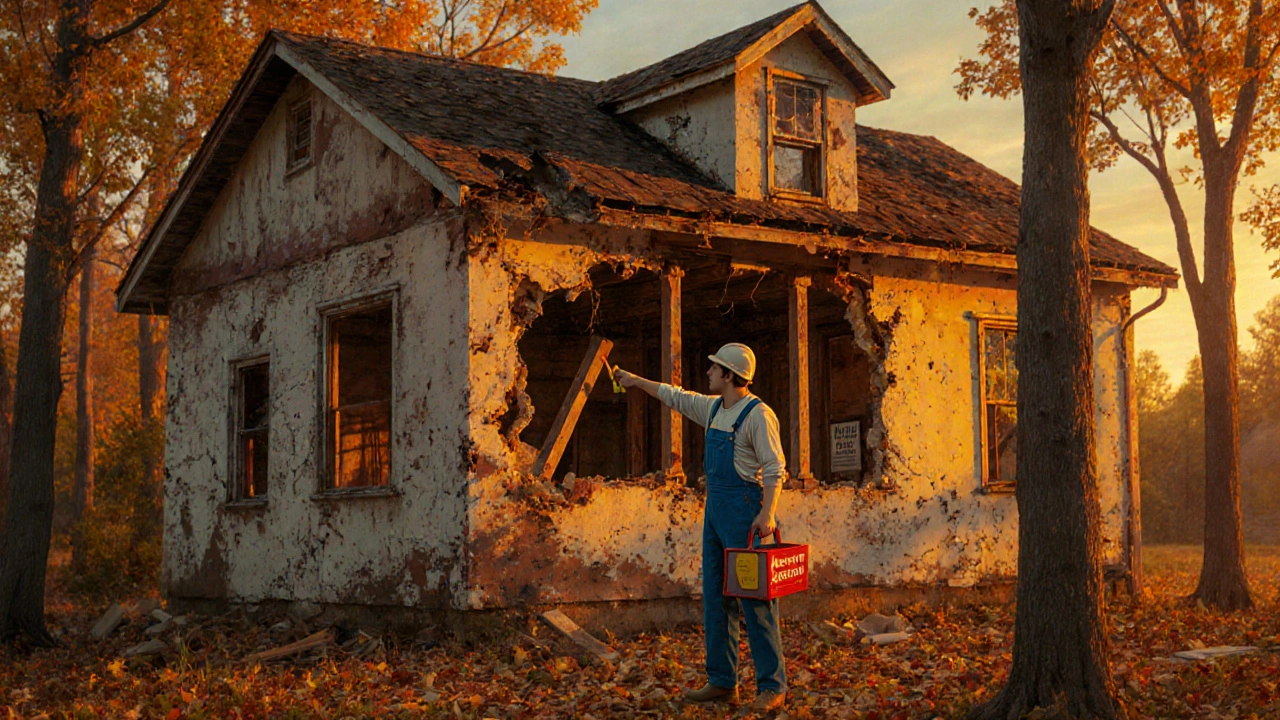 Alter Haus mit beschädigtem Dach und sichtbaren Renovierungsproblemen