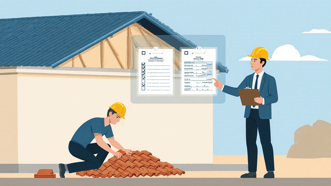 Architekt zeigt einem Bauarbeiter einen fehlerhaften Dachbau, überlagert mit Original- und Korrekturplänen.