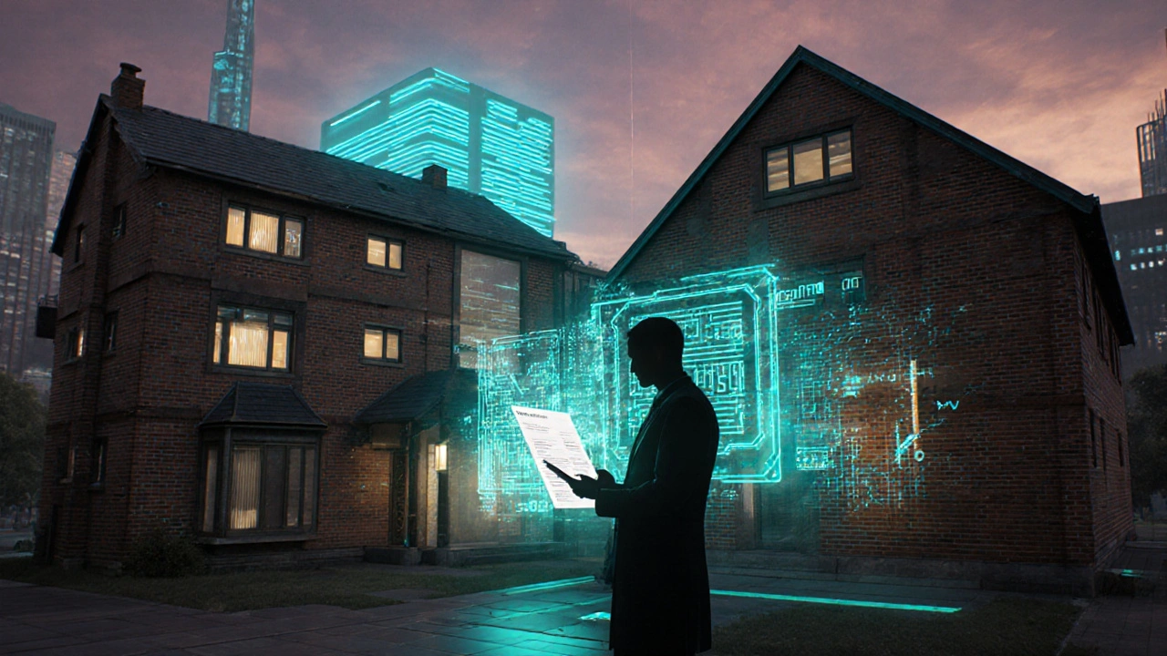 Ein digitaler Hologramm-Wert wird über ein traditionelles Haus projiziert, während ein Gutachter mit Tablet steht.