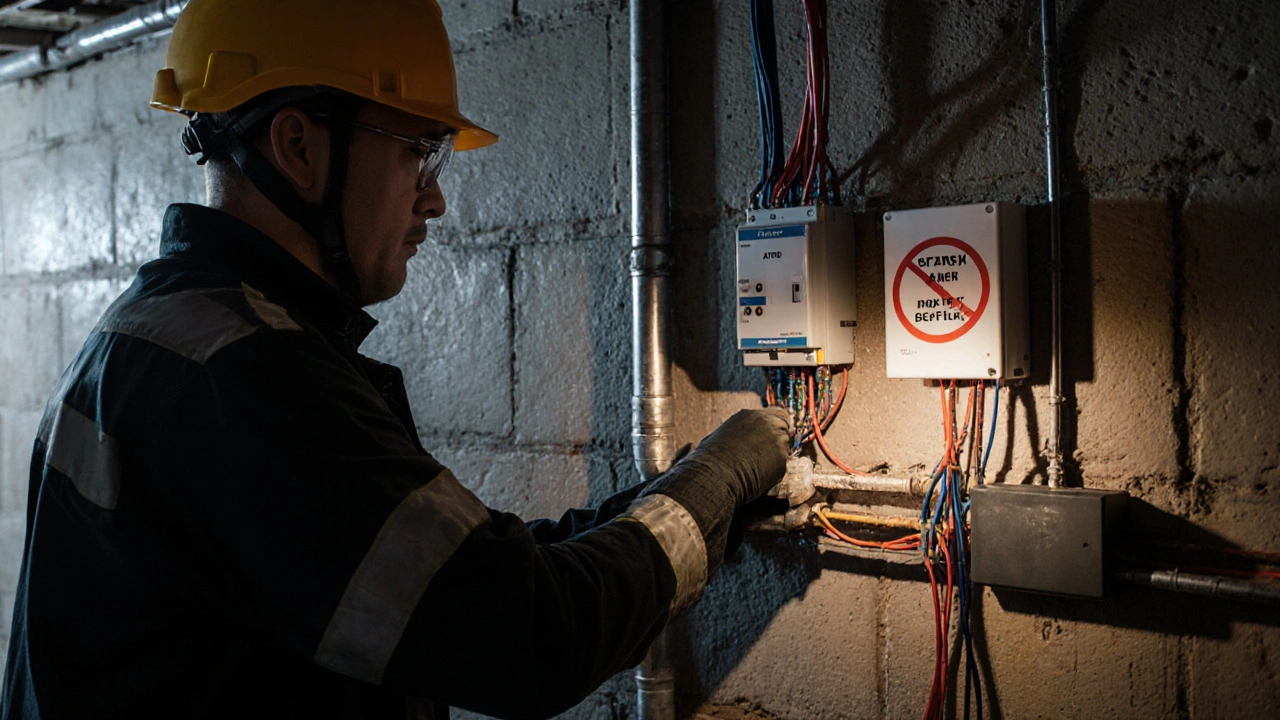 Elektriker installiert AFDD und FI-Schalter in feuchtem Keller mit korrekt verlegten Leitungen in Mauerwerk.