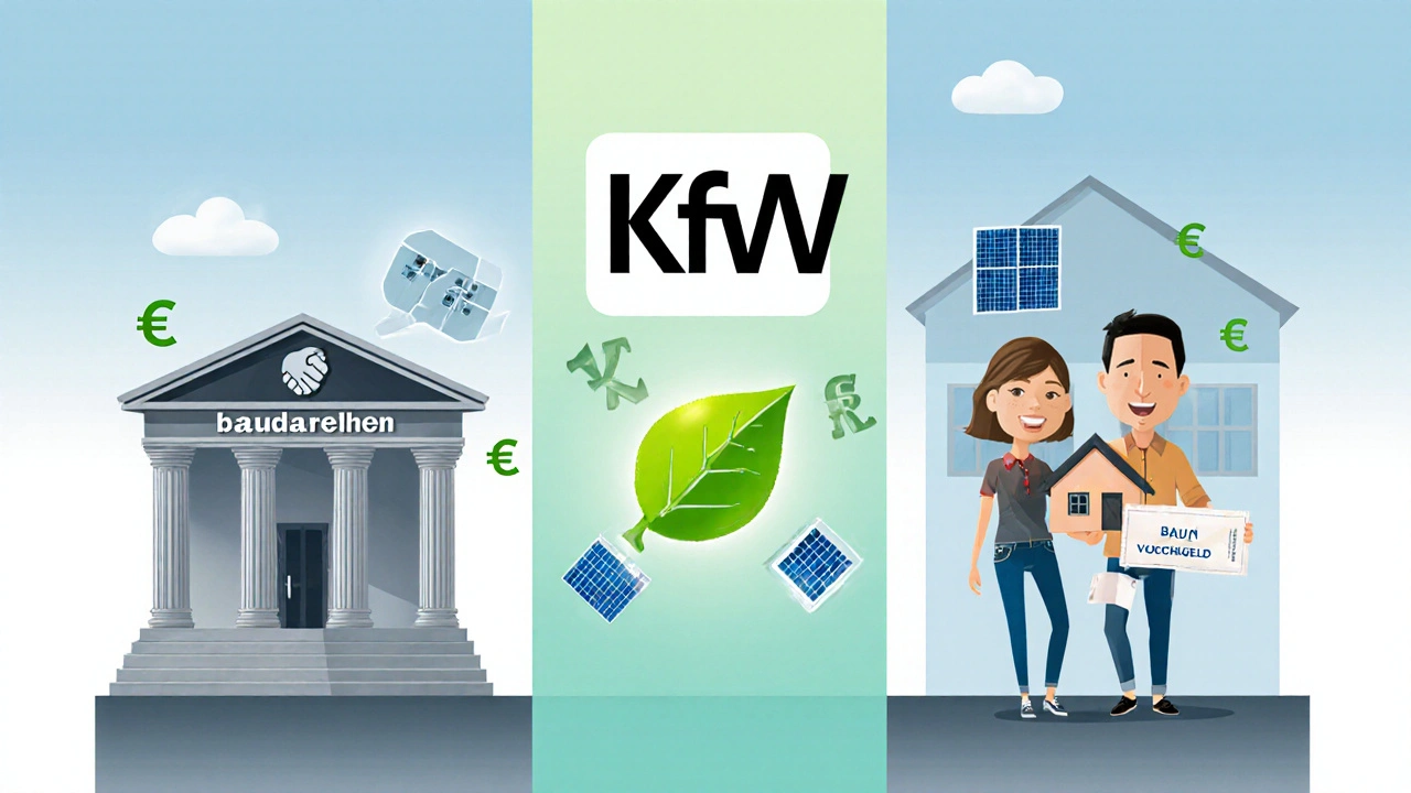 Flache Illustration zeigt Bank, KfW‑Förderung und Baukindergeld um ein Altbau‑Haus.