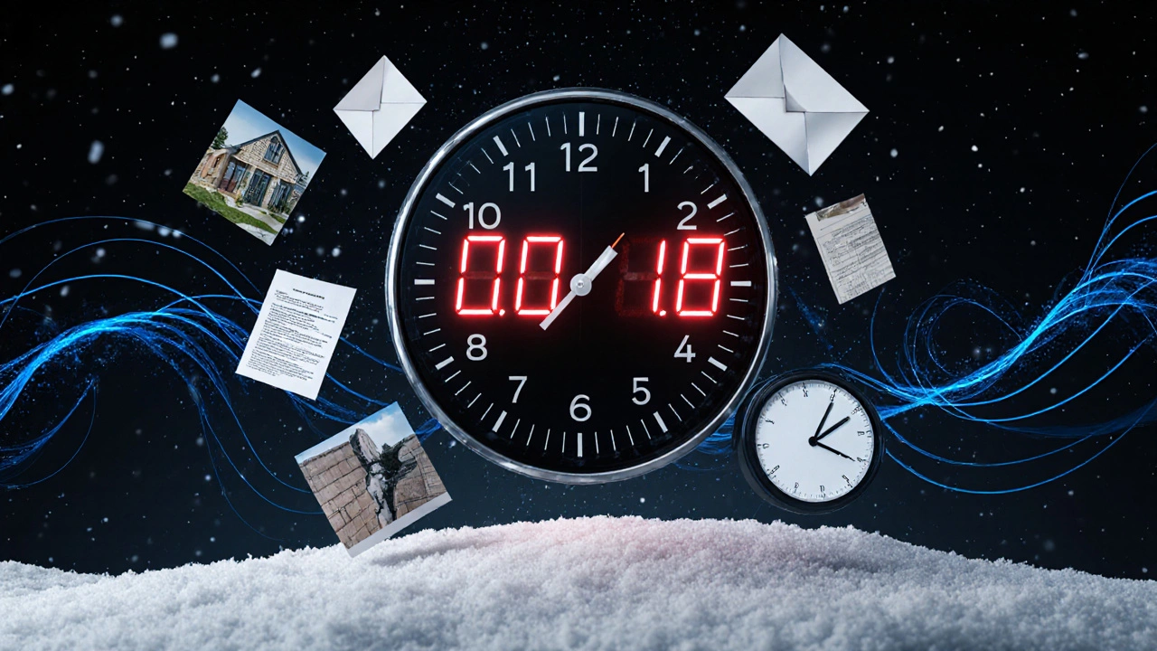 Fünf-Jahres-Zähler über einem Haus, umgeben von fallenden Dokumenten und digitalen Datenströmen.