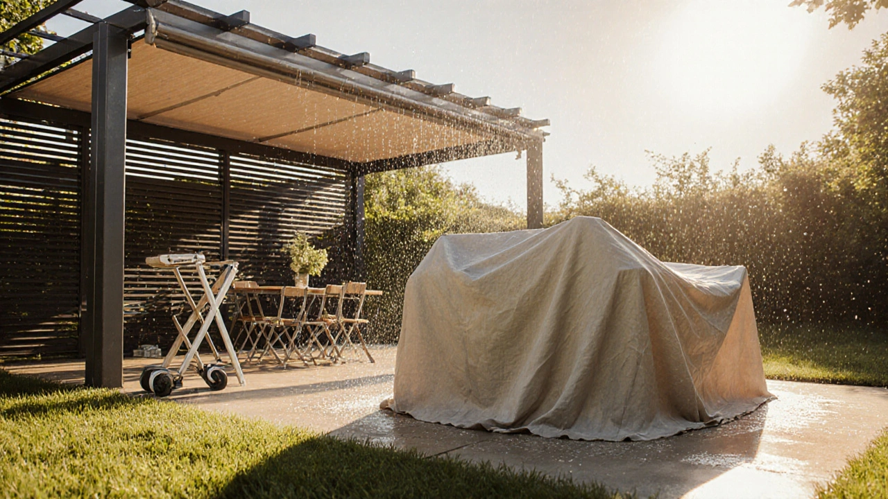 Gartenmöbel unter einer Pergola, mit wasserabweisender Abdeckung und rollbarem Tisch.