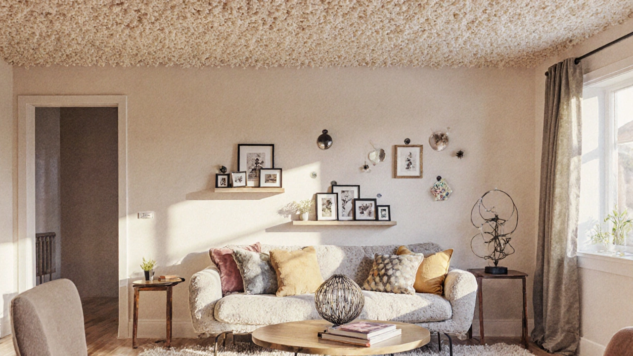 Gemaltes Wohnzimmer mit dekorativen Gegenständen, die ohne Bohrlöcher an der Popcorndecke hängen.