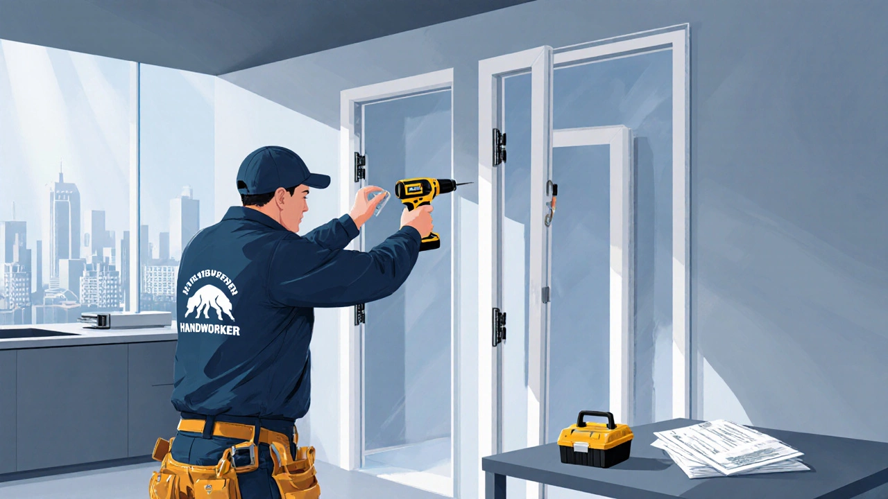 Handwerker montiert Türscharniere, mehrere Türen im Aufbau, Innenraum einer Münchner Küche.