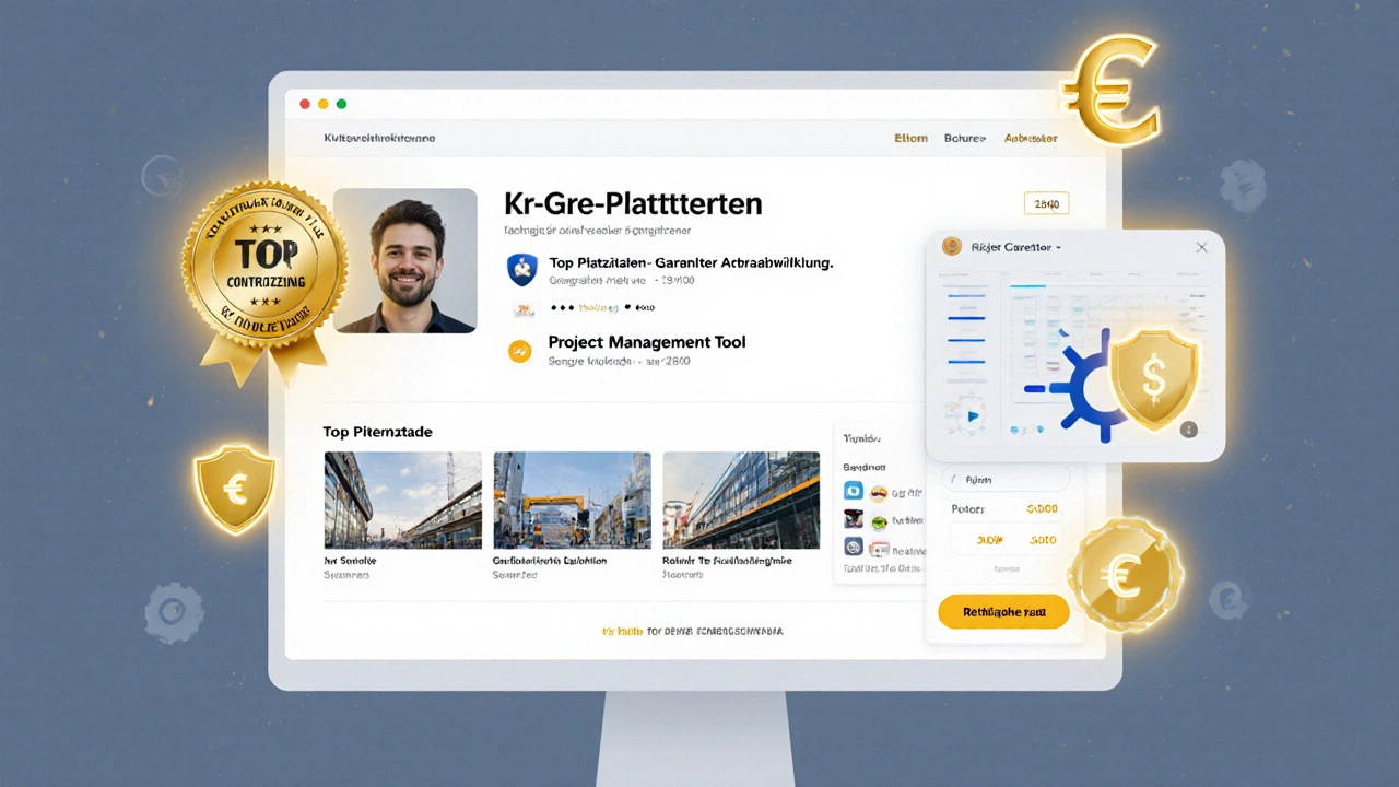 Handwerker‑Profil mit leuchtenden Premium‑Symbolen und schwebenden Euro‑Symbolen.