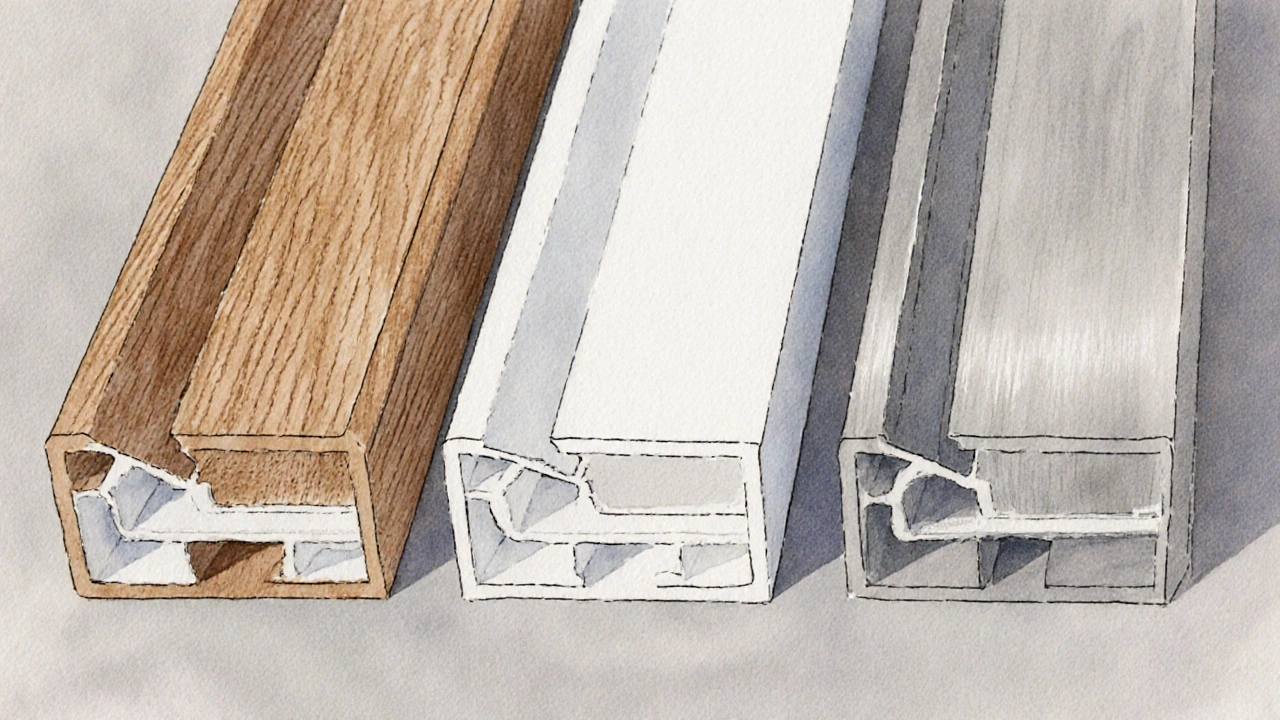 Holz-, PVC- und Aluminium‑Renovierungszargen nebeneinander auf Werkbank.