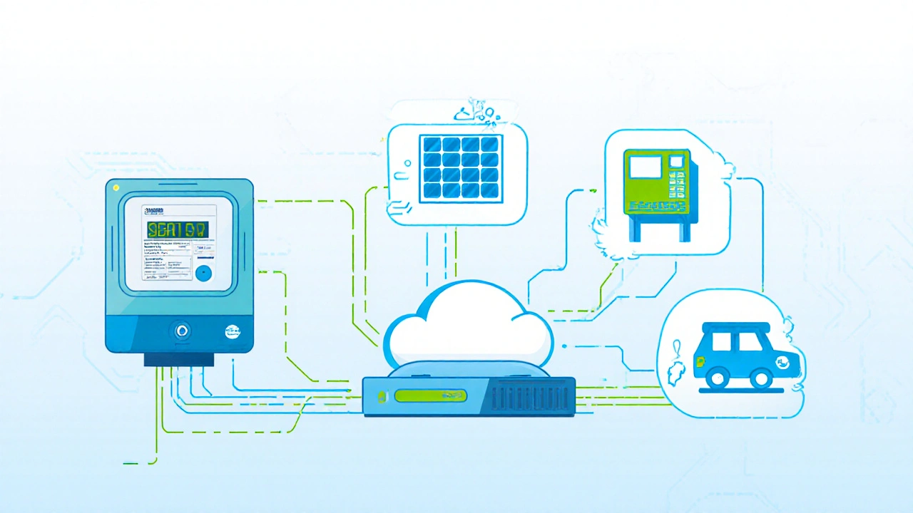 Illustration der Smart‑Meter‑Komponenten, verbunden mit Solaranlage, Wärmepumpe und Wallbox.