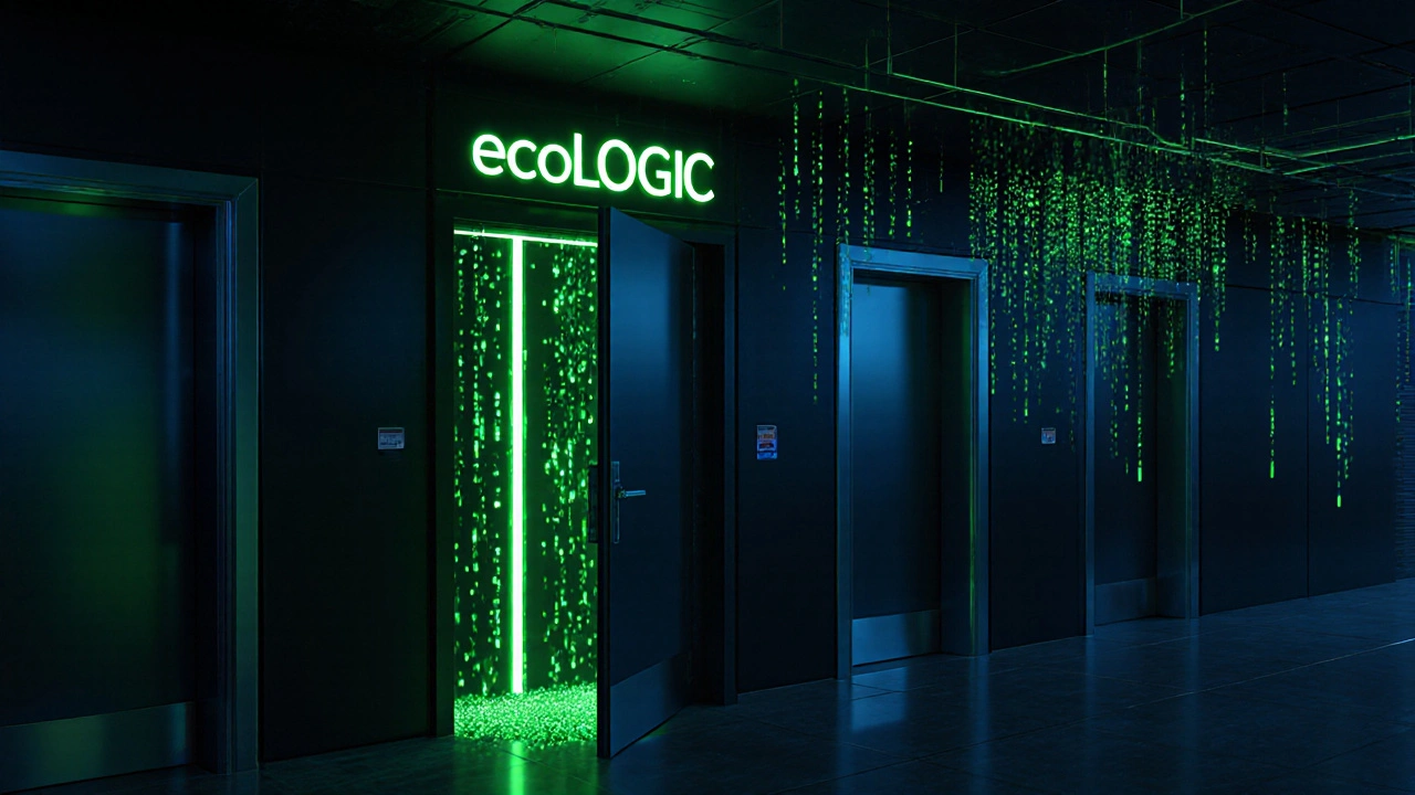 Intelligente Türsysteme in einem Smart-Building, die mit einem KI-Netzwerk verbunden sind und Energie sparen.