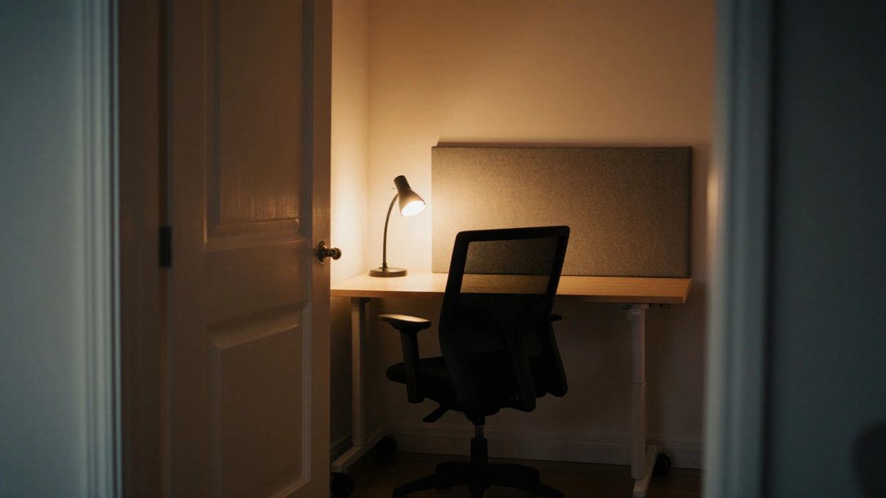 Kinematisches Bild eines flexiblen Home‑Office‑Eckes, rollbarer Schreibtisch neben Tür, warme Lampe, akustische Platte.