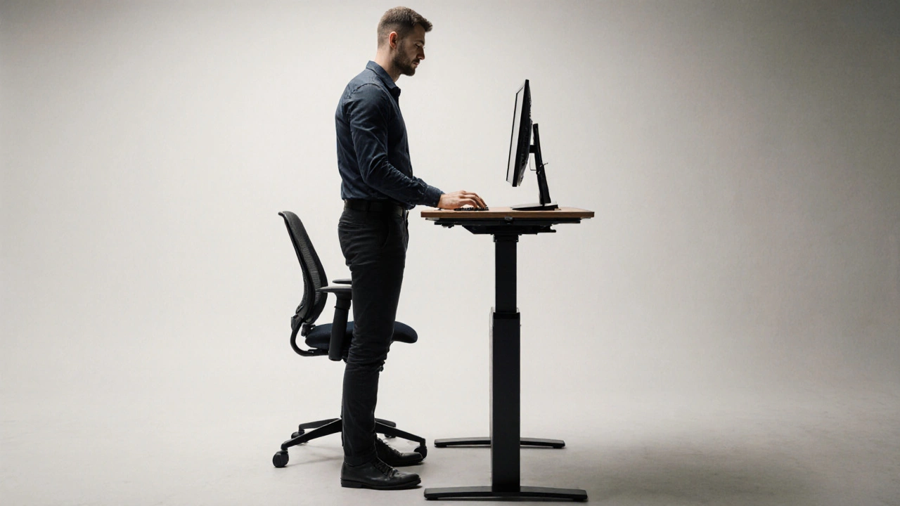 Mann mit 1,91 m Körpergröße an einem höhenverstellbaren Schreibtisch, aufrecht stehend, Monitor auf Augenhöhe.
