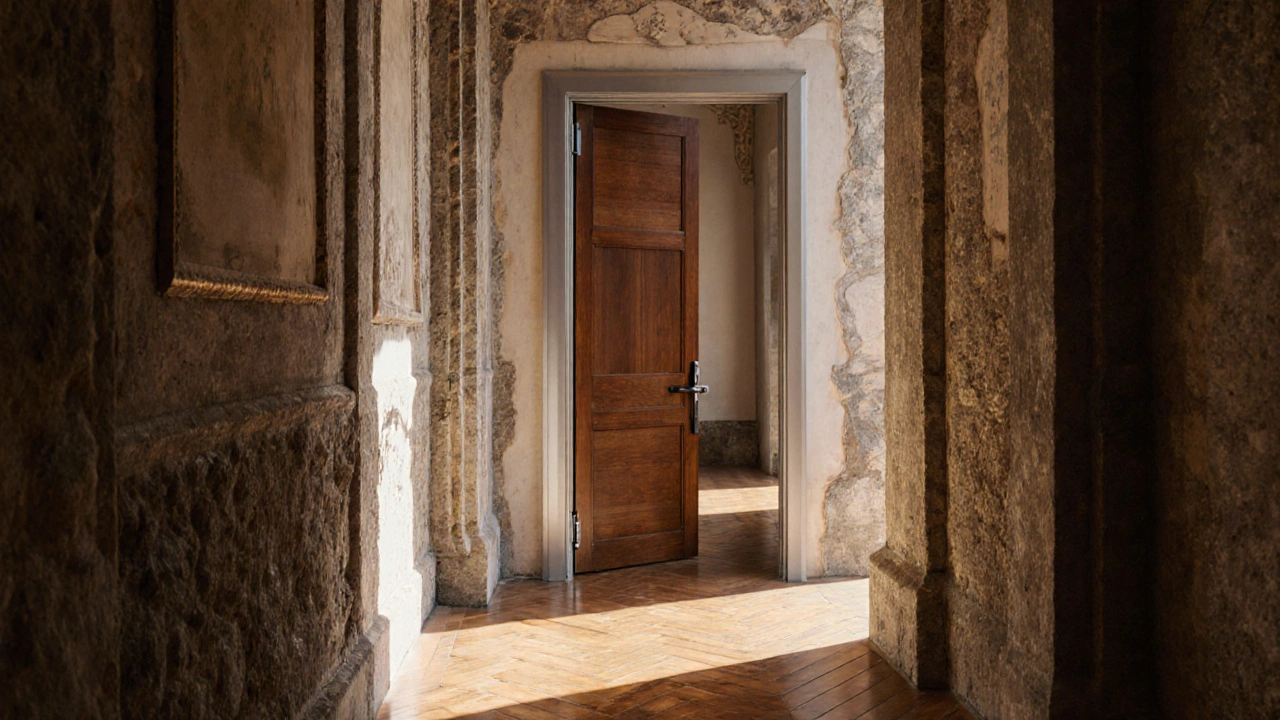 Neu eingebaute Zarge mit moderner Tür in historischem Altbau, helles Licht.
