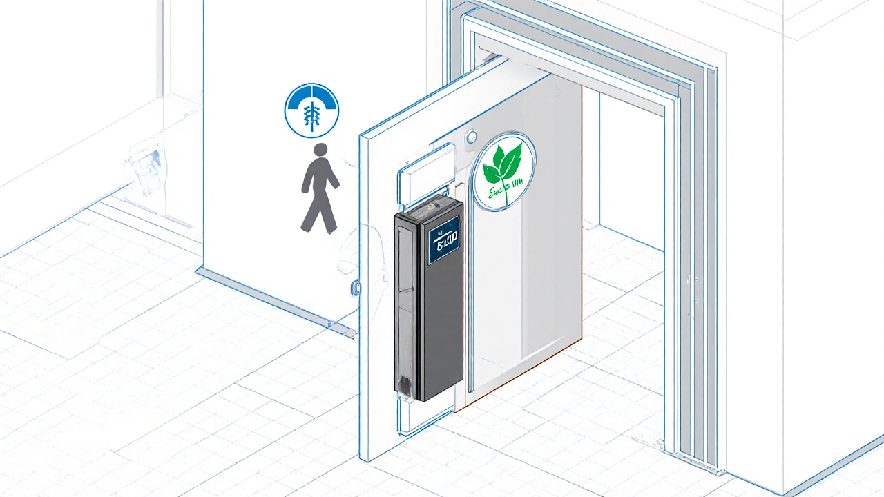 Querschnitt einer traditionellen Tür mit integriertem, kompaktem Türantrieb und Energieverbrauchsanzeige.