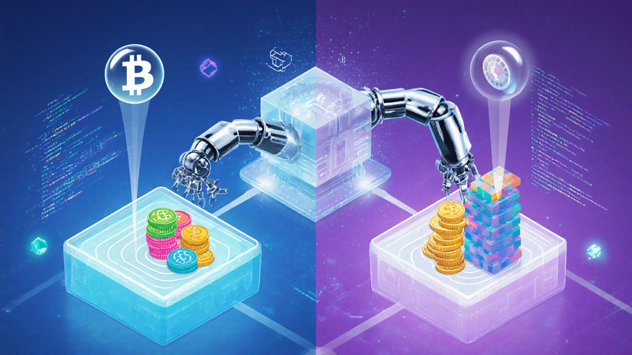 Roboterarm transferiert Token zwischen Liquidity‑Pools, Staking‑ und AMM‑Verträgen.