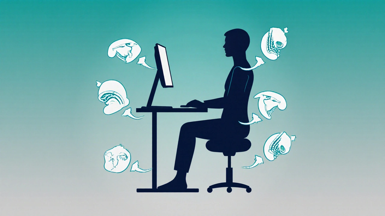 Schematische Darstellung einer ergonomischen Sitzhaltung mit Pfeilen zu Ellbogen, Augen und Füßen.