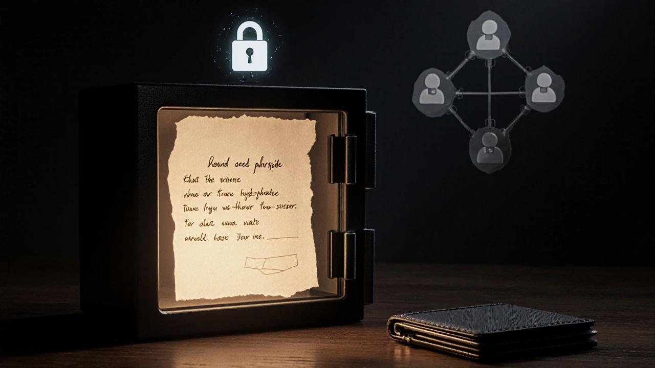 Seed‑Phrase in feuerfestem Safe neben einem Hardware‑Wallet, Symbol für Sicherheit.