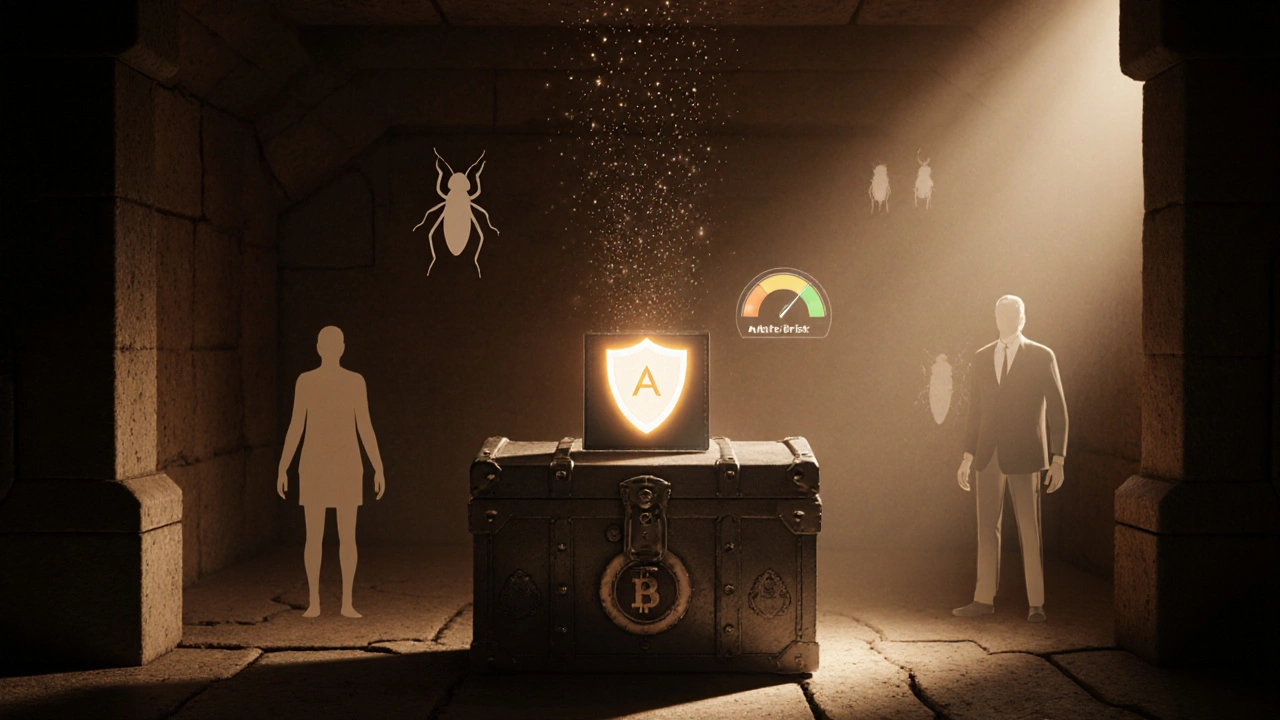 Sicherheits‑Vault mit Hardware‑Wallet, Auditsymbolen und Warnsignalen für Risiken.