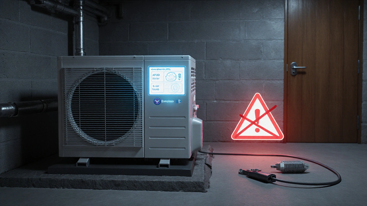 Smart Heat Pump im Keller mit digitaler Anbindung und Pflicht-Schutzgeräten, im Hintergrund Feuerschutztür.