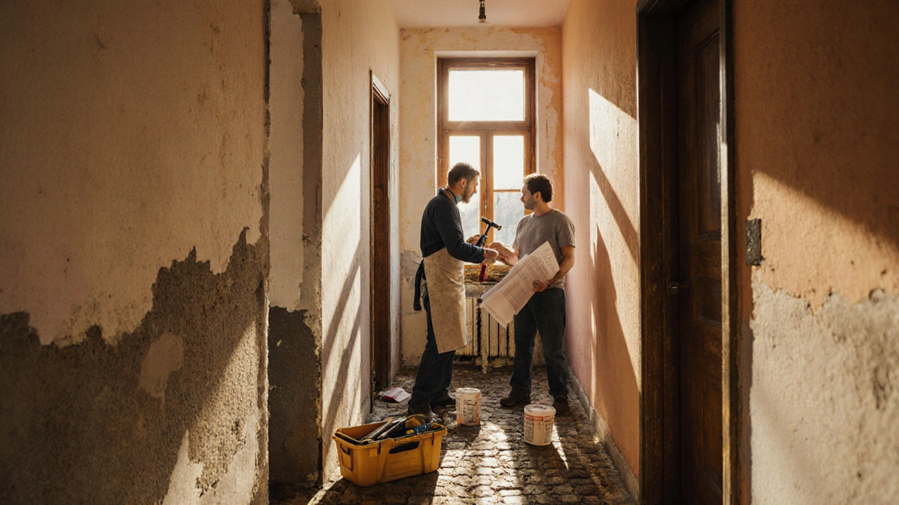 Teilweise renovierter Altbau‑Flur: Eigentümer und Nachbar arbeiten gemeinsam.