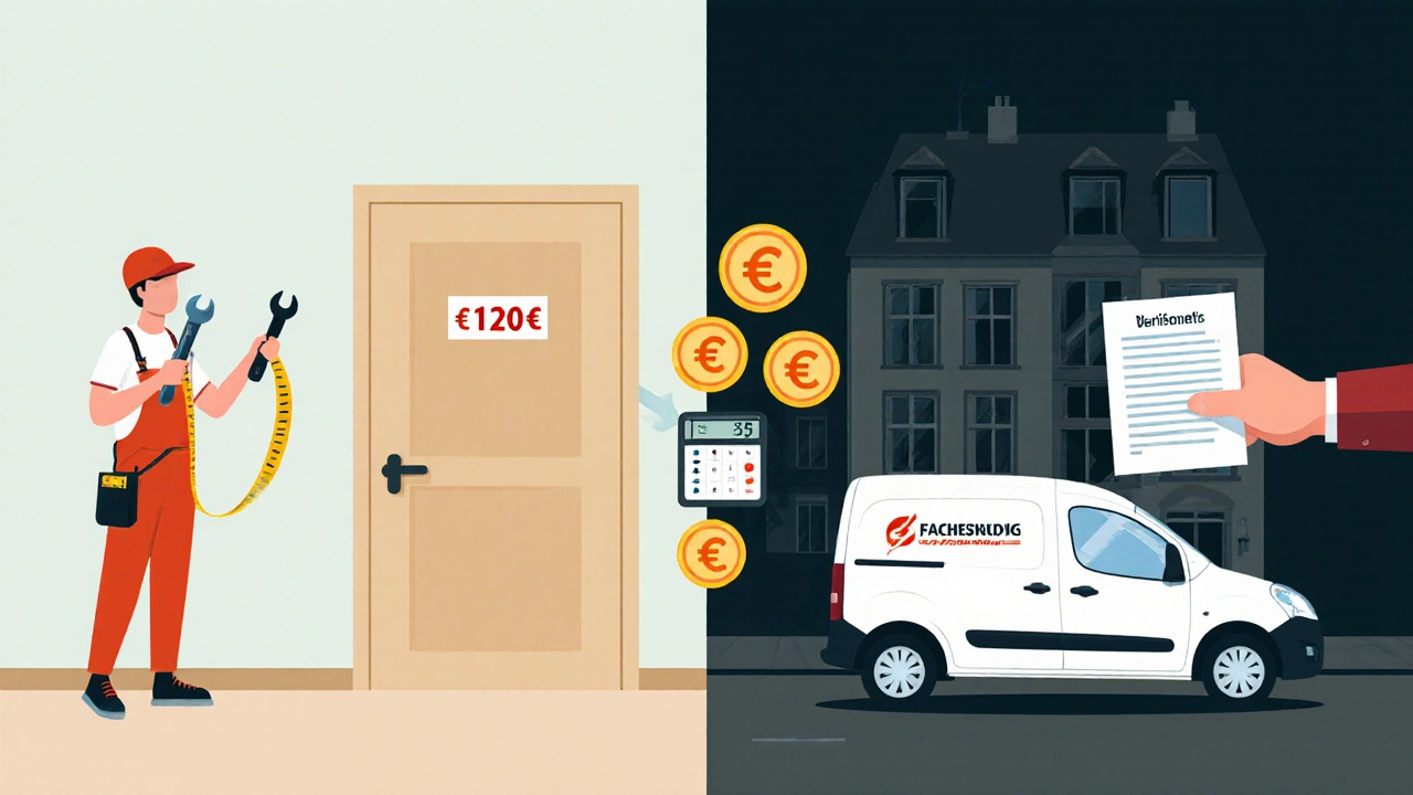Vergleich: DIY‑Werkzeug und günstige Tür vs. Fachbetrieb‑Van mit höherem Preis, Euro‑Münzen.