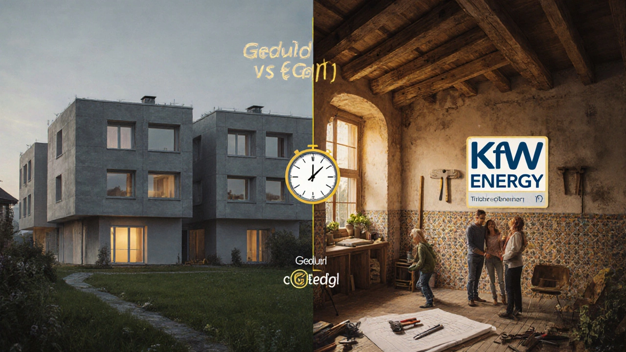 Vergleich: Modernes Neubauhaus und renoviertes Althaus mit Energie-Label