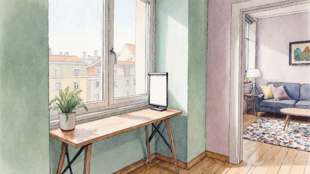 Wasserfarben‑Illustration eines kleinen Münchner Apartments, Schreibtisch schräg zum Sonnfenster, Pflanze auf der Fensterbank.