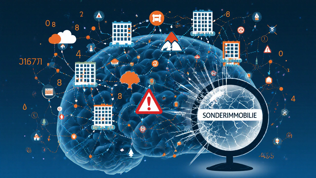 Abstract digital brain processing housing data, with a shattered symbol for non-standard properties.