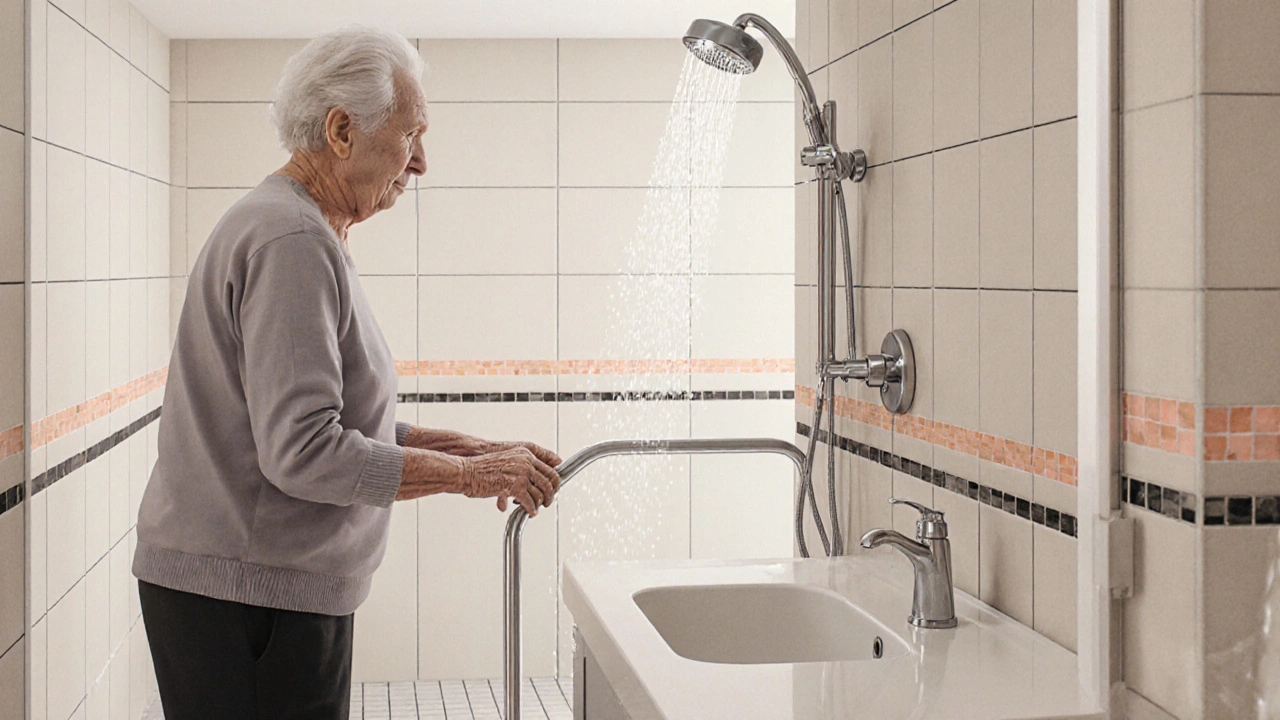 Ältere Person hält sich an einem stabilen Haltegriff in der Dusche, thermostatische Armatur im Hintergrund.