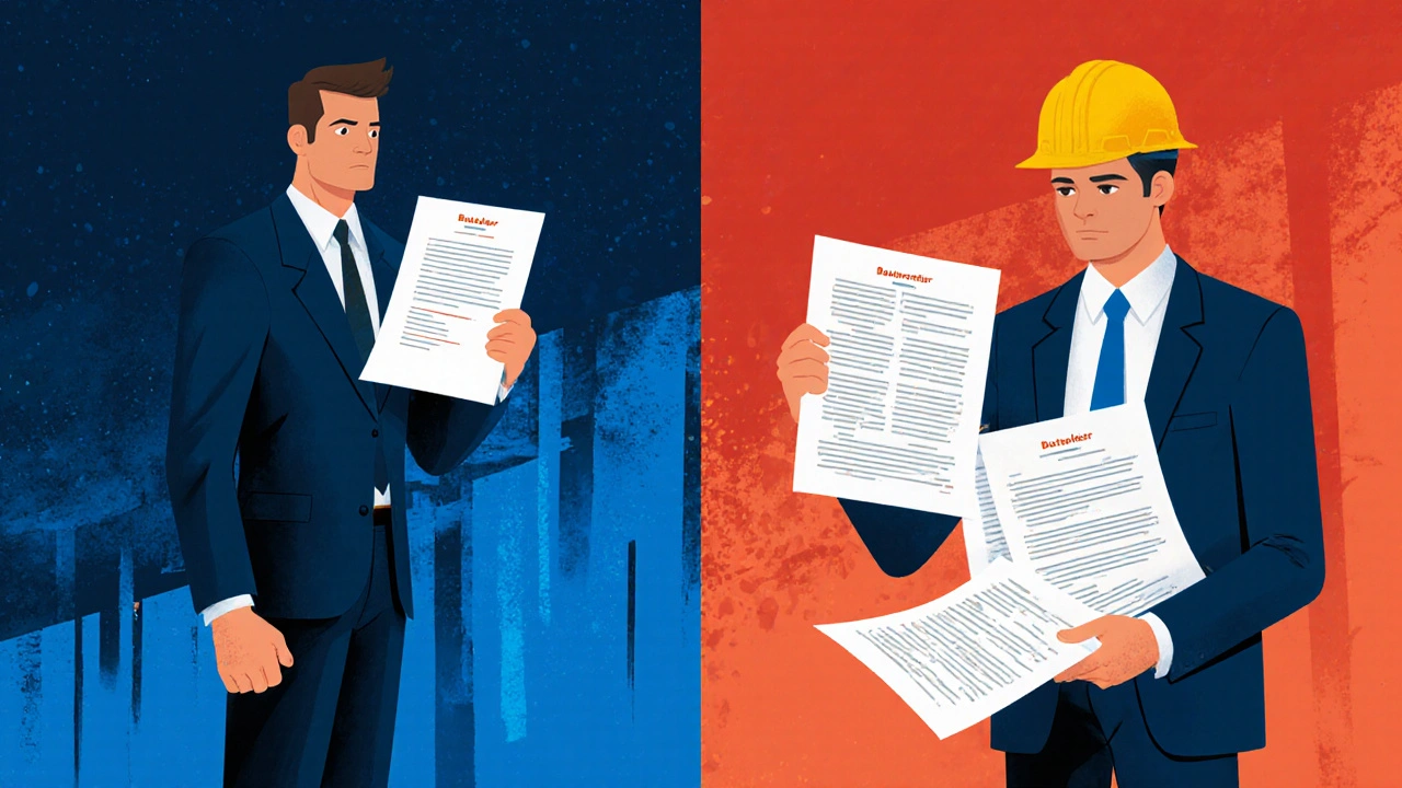 Bauherr hält ein Gutachten, während der Bauträger verzweifelt Vertragspapiere verliert.
