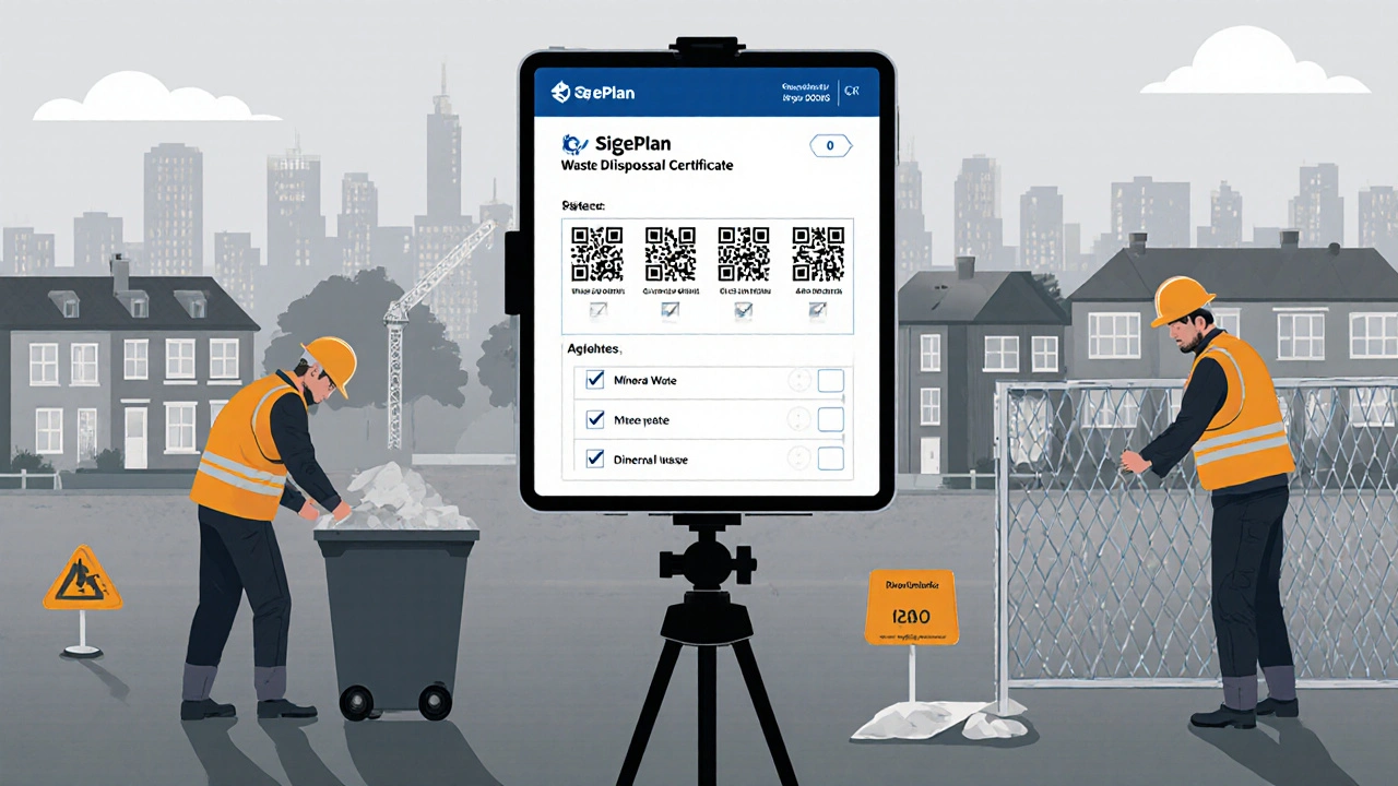 Digitaler SiGePlan auf Tablet an der Baustelle mit QR-Codes für Abfallnachweise.
