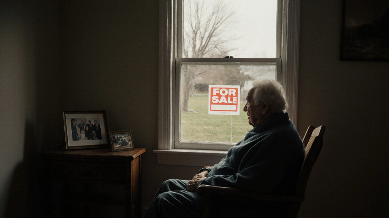 Ein älterer Mensch sitzt allein in einem leeren Wohnzimmer, winterliches Licht fällt durch das Fenster, draußen ein &#039;Zu Verkaufen&#039;-Schild.