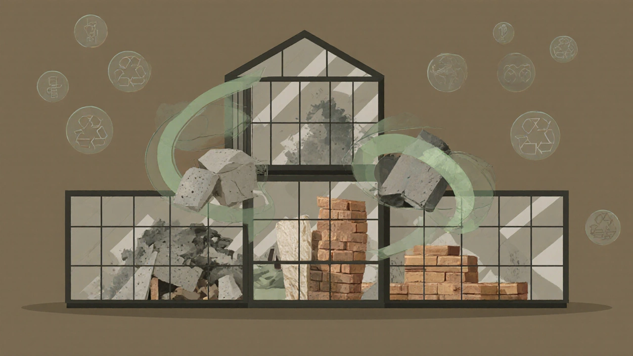 Ein Gebäude mit durchsichtigen Wänden zeigt den Kreislauf von recycelten Baumaterialien von Abriss bis Neubau.