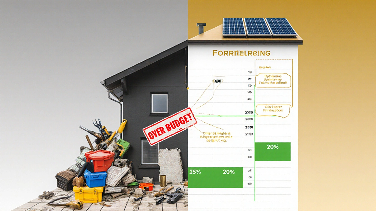 Ein Haus ist halb chaotisch, halb organisiert: links Überlastung, rechts geplante Sanierung mit 20% Reserve und Förderung als goldenem Faden.
