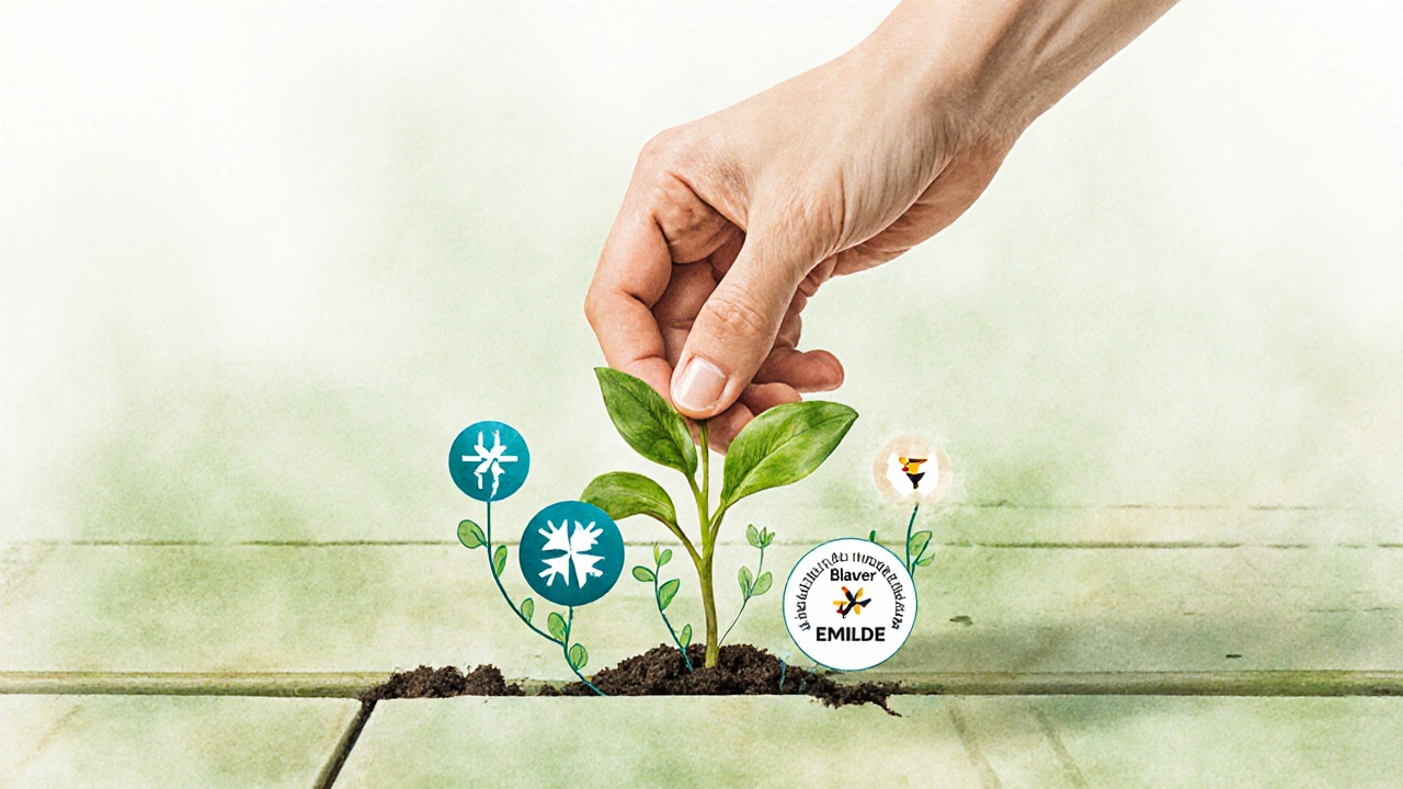 Ein Sämling wächst zwischen Bodenplanken, umgeben von Zertifizierungszeichen, als Symbol für gesunde, nachhaltige Bodenverlegung.