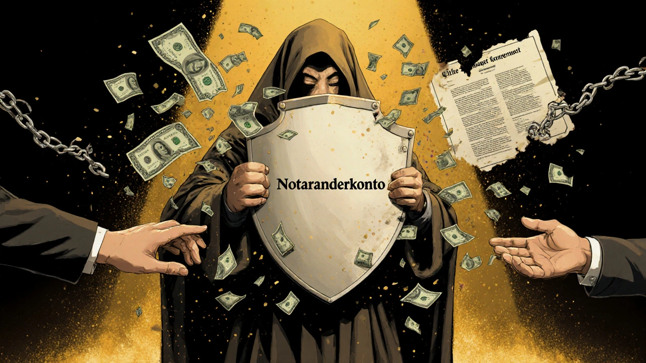 Ein Schild mit Notaranderkonto schützt vor Schulden und unsicheren Zahlungen, symbolisch dargestellt.