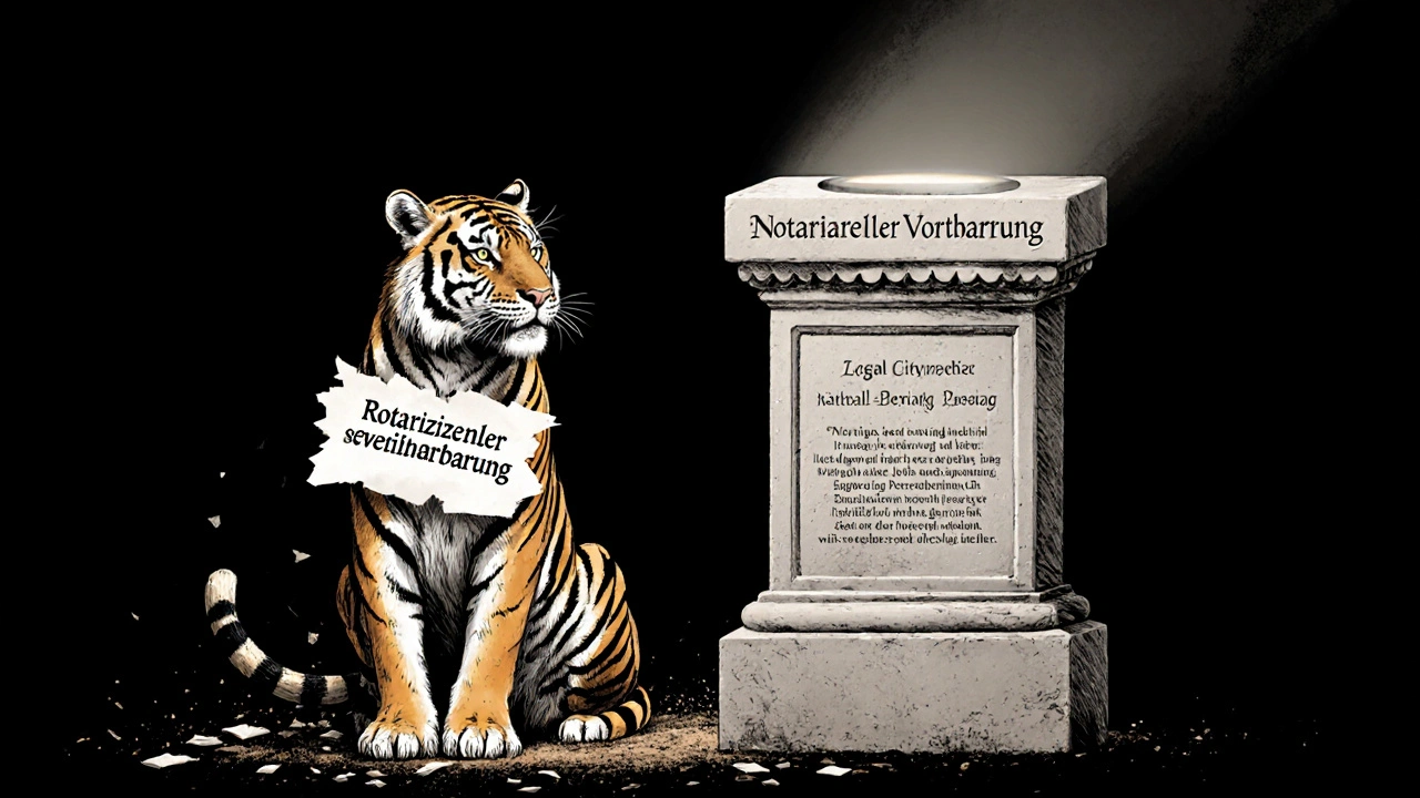 Ein zahnloser Tiger aus Papier zerfällt neben einem festen Steinpfeiler mit rechtlichen Klauseln.