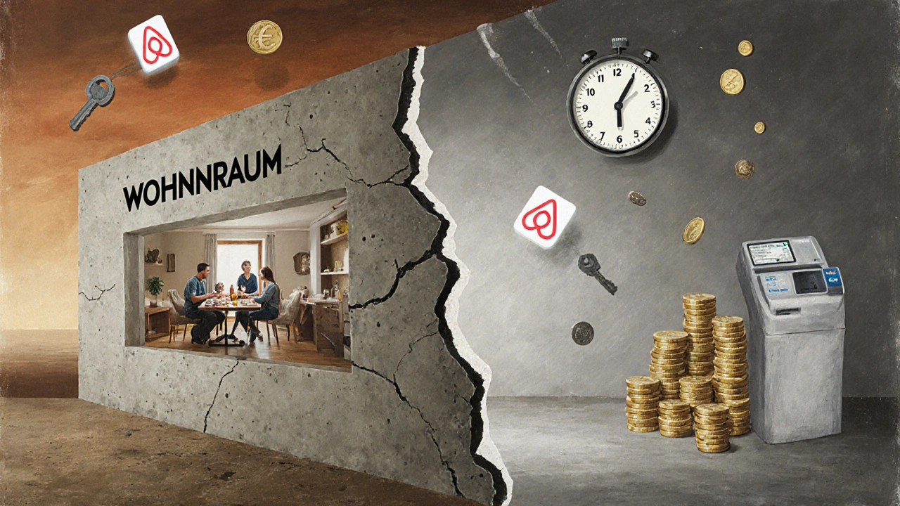 Eine aufgespaltete Wand: eine Seite zeigt ein gemütliches Zuhause, die andere eine leere Wohnung mit Airbnb-Logos und Geld.