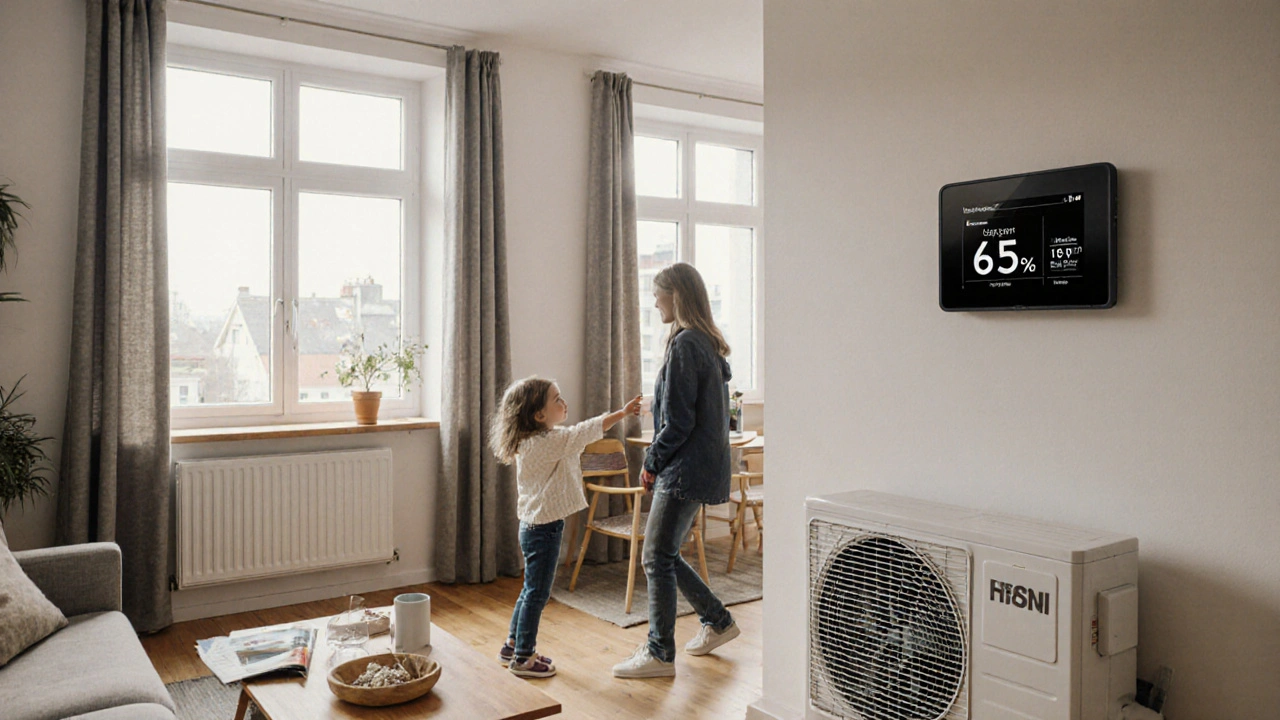 Eine Familie in einem modernisierten Wohnzimmer mit Energie-Überwachungsanzeige.