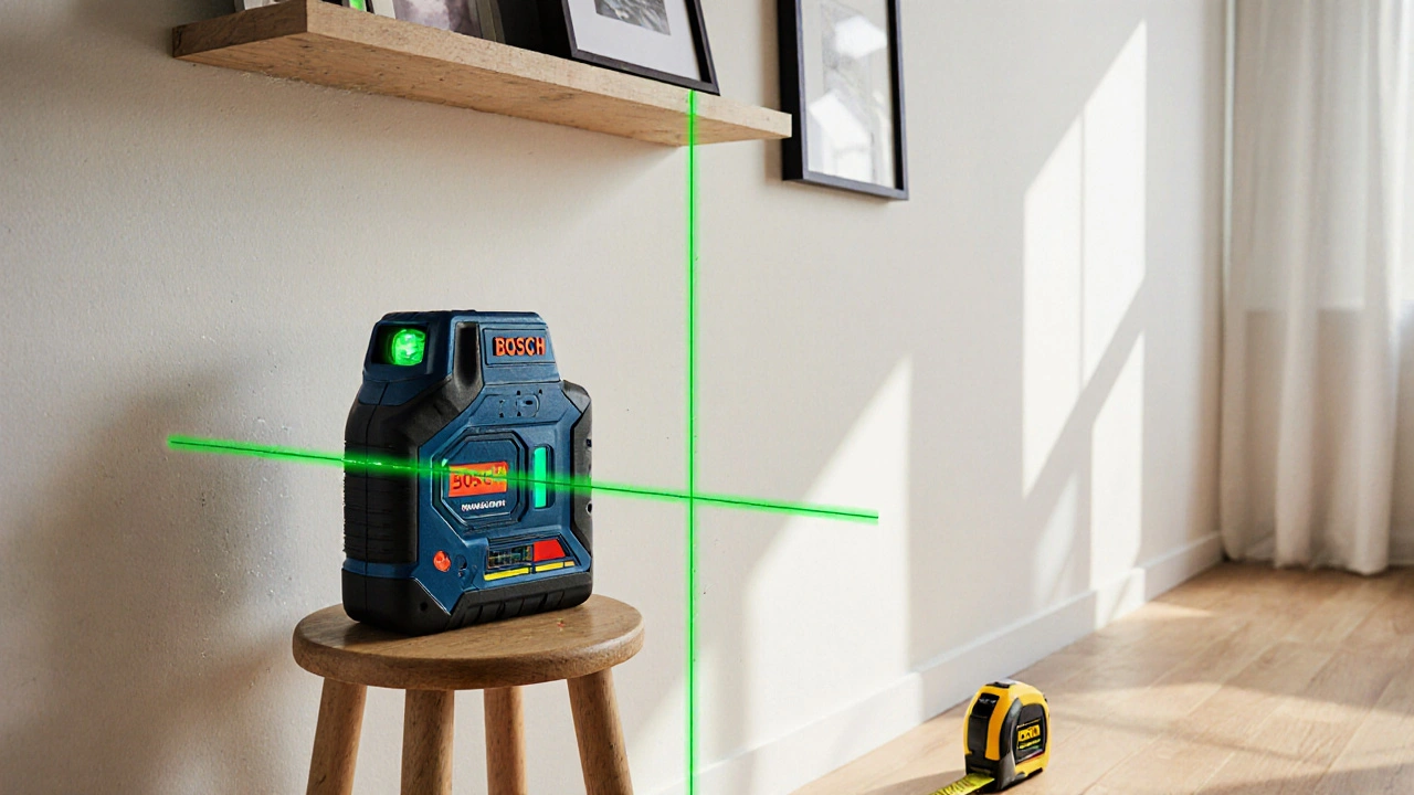 Eine grüne Laser-Wasserwaage projiziert präzise Linien auf eine Wand mit montiertem Regal.