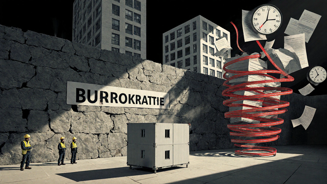 Eine massive Bürokratie-Wand blockiert den Weg zu modernen Wohnhäusern.