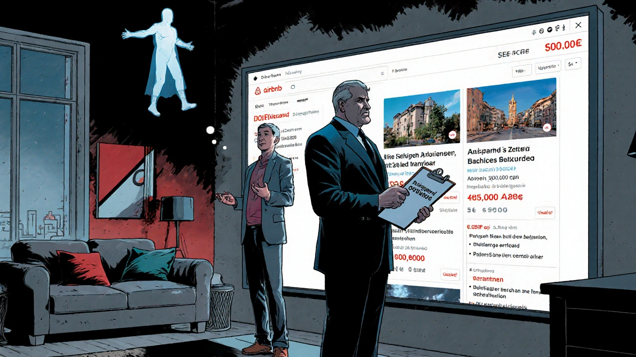 Eine städtische Behörde mit einer digitalen Anzeige und einem Eigentümer, der gegen das Verbot von Ferienwohnungen protestiert.