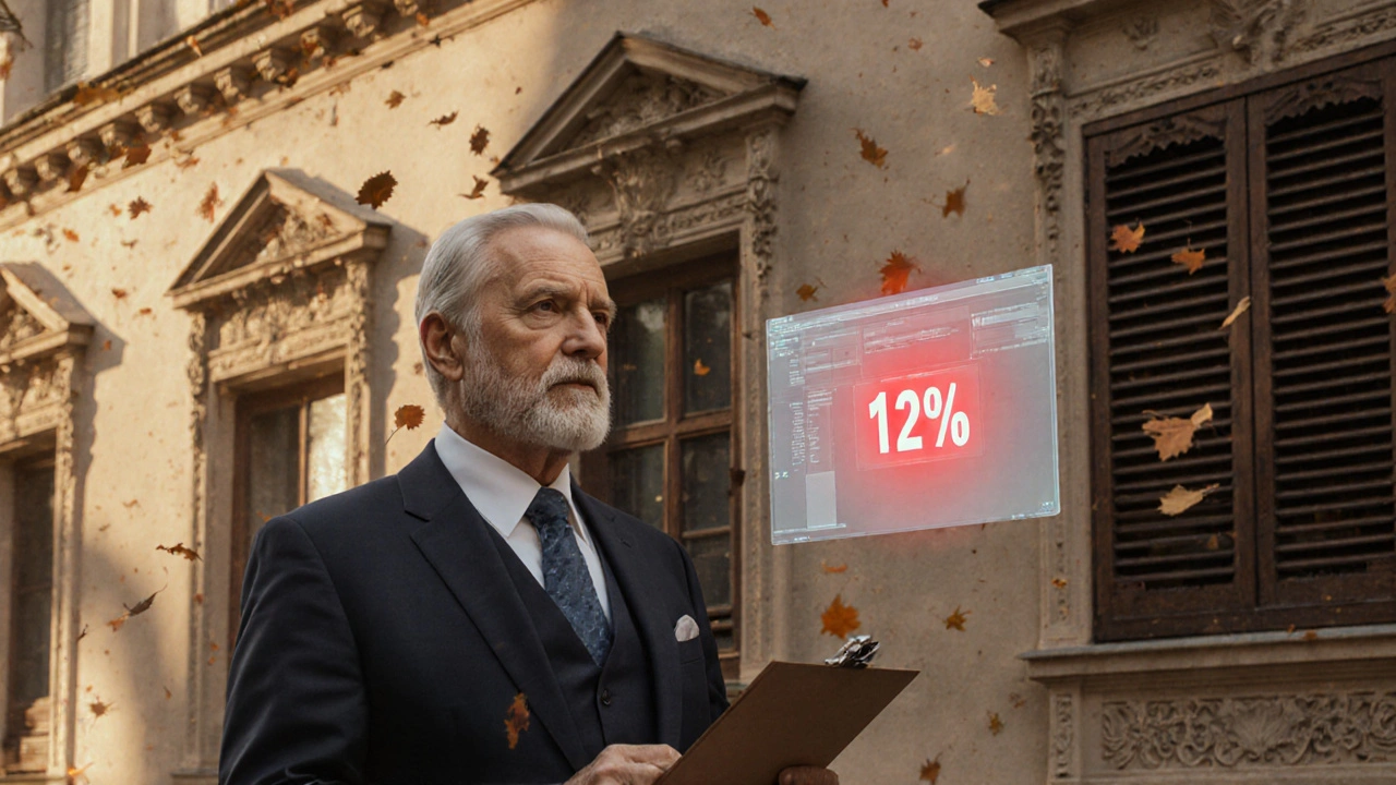 Experienced appraiser beside an old building, with a warning hologram of an automated valuation system.