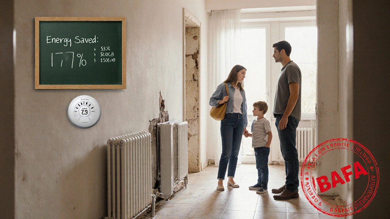 Familie betrachtet Energieersparnis-Display, während Techniker eine dünne Fußbodenheizung einbaut.