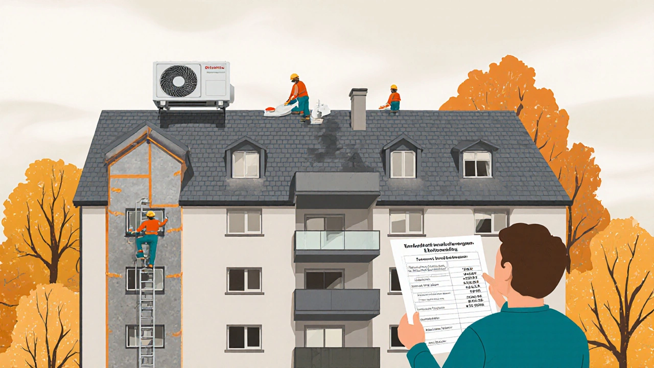 Fassade eines Wohnhauses mit Dämmung und Wärmepumpe, Mieter prüft Kostenberechnung.
