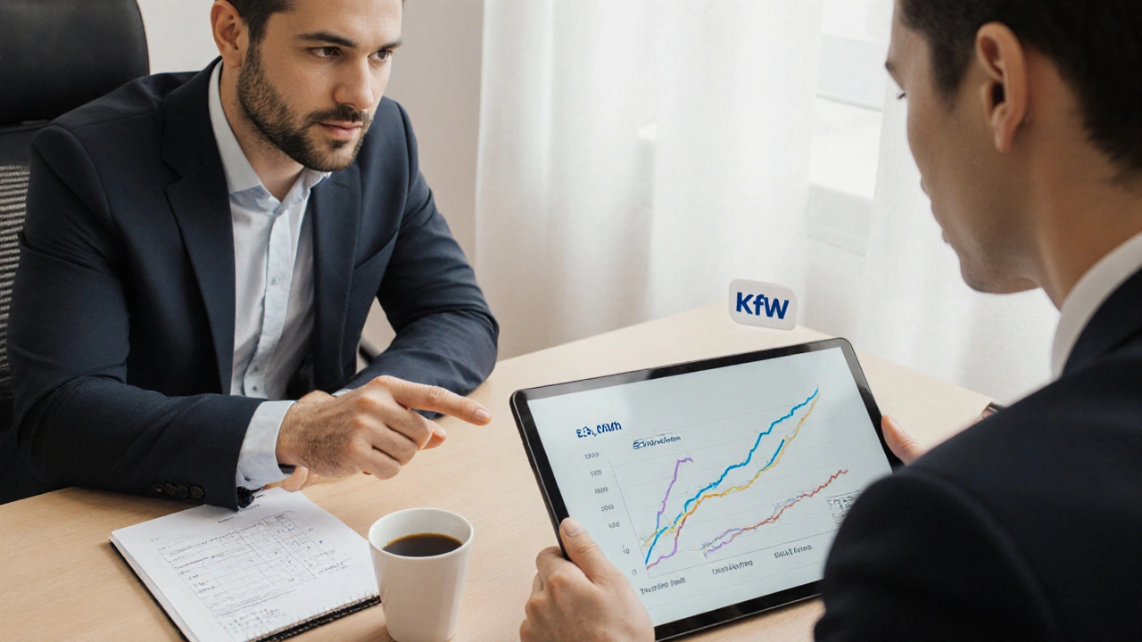 Finanzberater zeigt einem Kunden auf einem Tablet den Wertzuwachs einer Immobilie nach Sanierung.