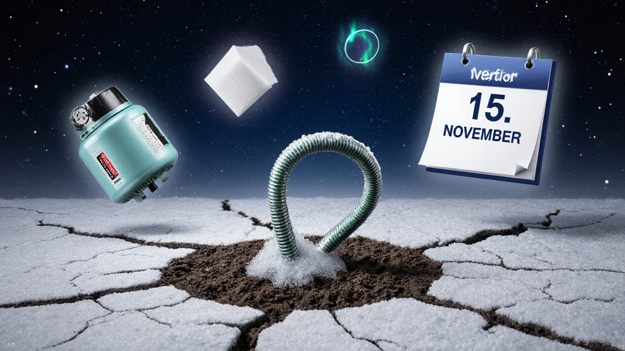 Gefrorener Gartenschlauch mit Symbolen für Frostschutz: Druckluftflasche, Isolierung und Kalender.