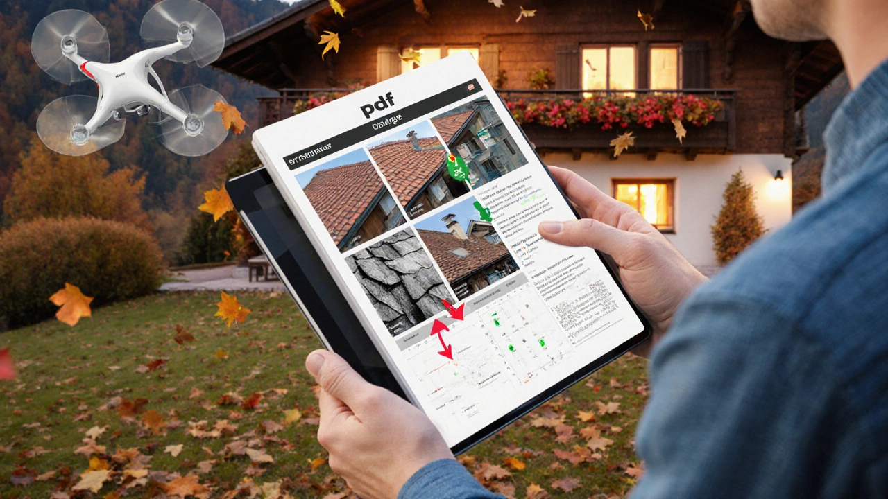 Hausbesitzer betrachtet auf Tablet eine detaillierte Drohnen-Dachinspektionsauswertung mit Schadensmarkierungen.