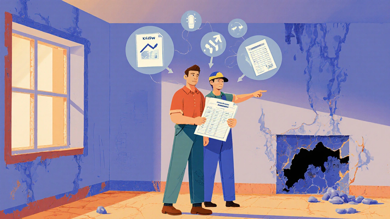 Hausbesitzer betrachtet eine Budgetübersicht in einem halb renovierten Zimmer, Handwerker zeigt auf feuchte Wände und verborgene Schäden.